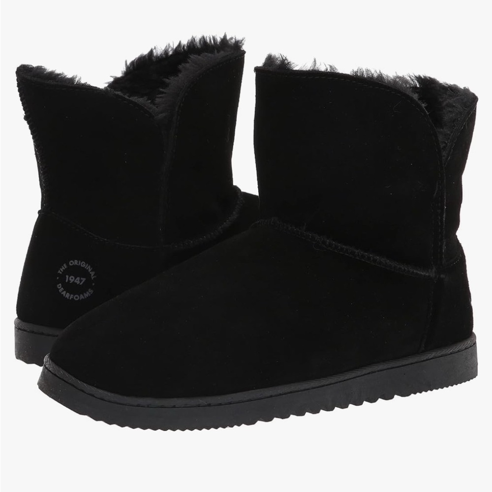New Dearfoams Womens Genuine Suede Bootie Black Ankle Boots Size 8
